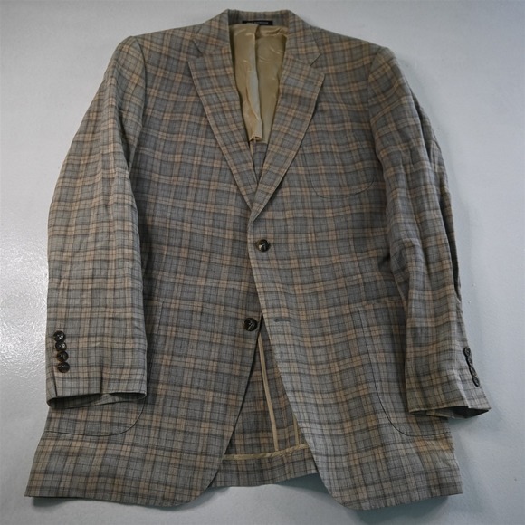 J. Hilburn 44L Tan‎ Brown Blue 100% Linen Mens Blazer Suit Jacket Sport Coat